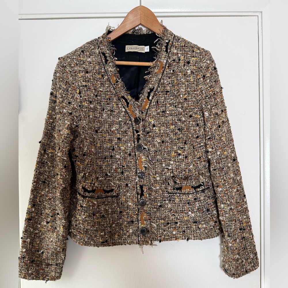 Vintage Canvasbacks Tweed Fringe Blazer V-Neck Old Money Y2K 90โs Luxe Textured